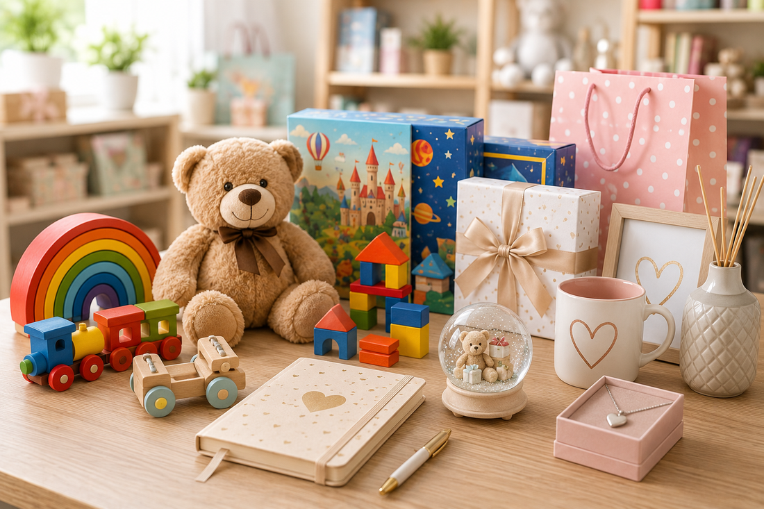 Scaffale con giochi e idee regalo colorate