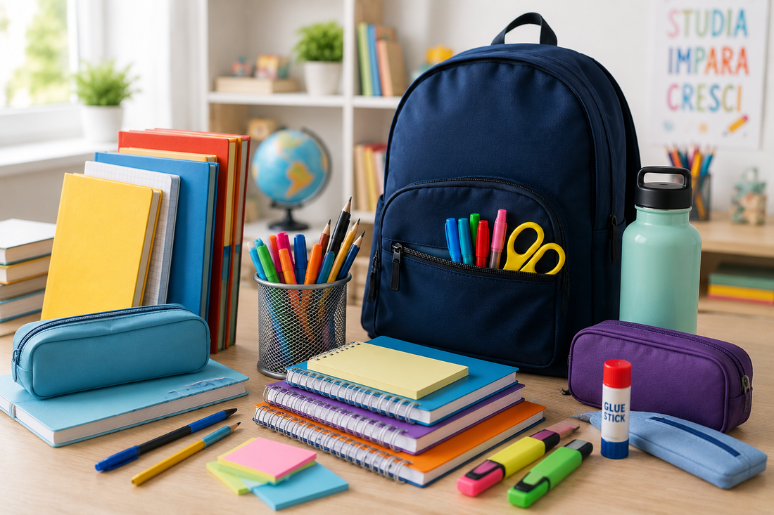 Materiale scolastico colorato esposto su un banco