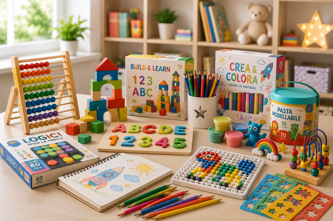 Giochi educativi e in legno disposti su uno scaffale