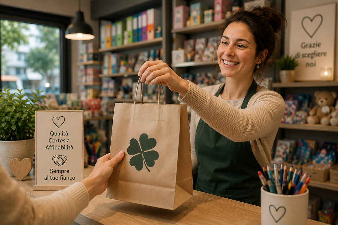 Titolare di negozio che accoglie con il sorriso i clienti